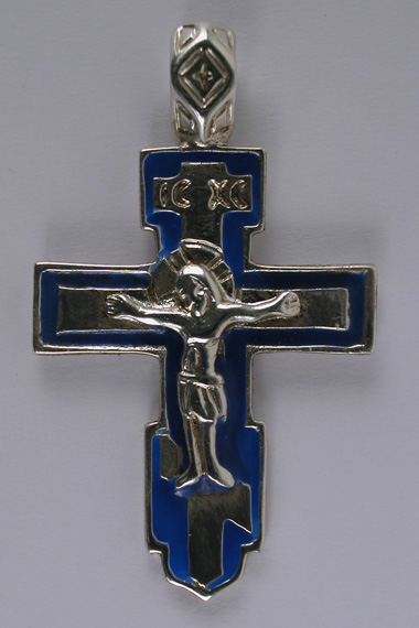 Croix Orthodoxe Bronze Argentée Patine + Bleu
