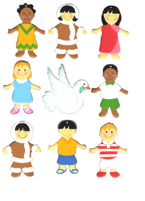 8 personnages enfants du monde et 2 colombes