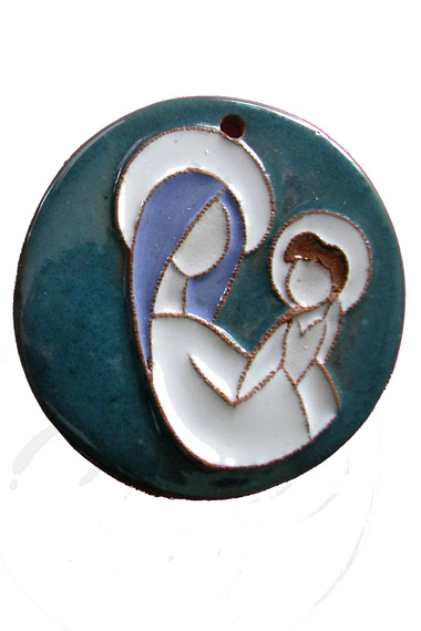 Céramique Médaillon rond bleu Vierge à l'Enfant