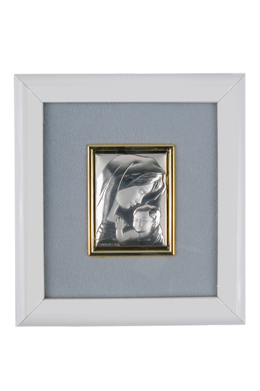 Cadre laqué feuille arg. vierge/enfant bleu