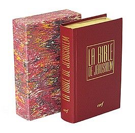 Bible de Jérusalem rigide, cuir bordeaux, tranches or, étui